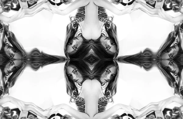 Kaleidoscope Abstract Montage Black White Portrait White Background — Stock Photo, Image