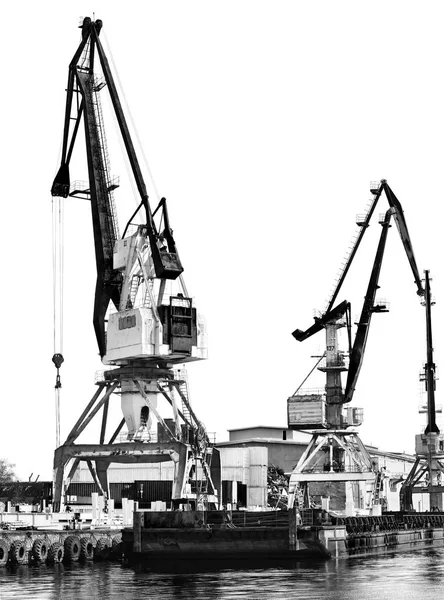 Old Unloading Cranes Port Contrasting Black White Photo — Stock Photo, Image