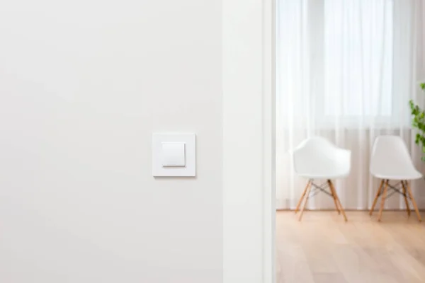 Wall switch in light interior. Modern, beautiful, clean apartment in the backgroun