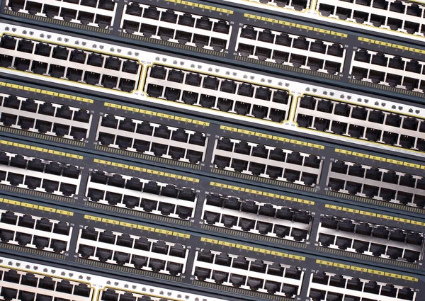 Blank patch panel switch, front view. Network components close-up