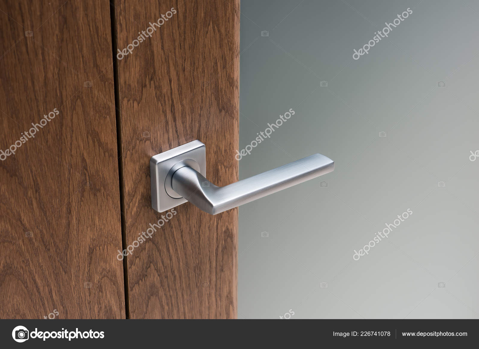 Close Modern Steel Door Handle Interior Door Dark Oak
