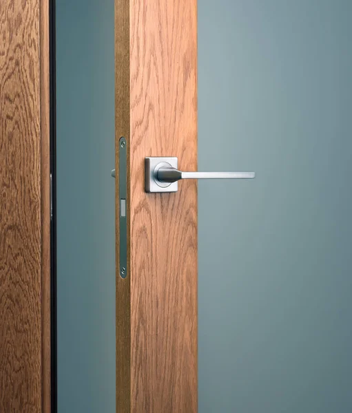 Zbliżenie Nowoczesne Drewniane Drzwi Metalowym Uchwytem Wnętrza Biurze — Zdjęcie stockowe