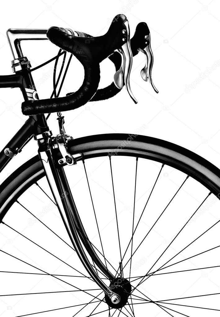 Part of the vintage road bike. Steering, brakes and front wheel. Black and white sports style isolated on white background