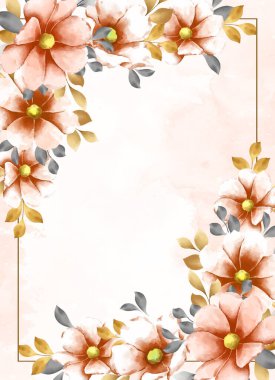 Zarif suluboya çiçek kenarı, şeftali çiçekleri, altın yapraklar, yumuşak arka plan. Düğün davetiyeleri, markalaşma ve kadınsı tasarımlar için ideal..