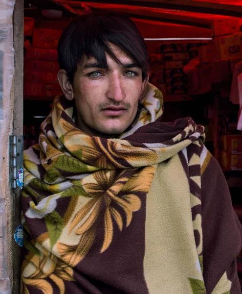 Young Men Beautiful Green Eyes Standing His Stall Babusar Top — стоковое фото