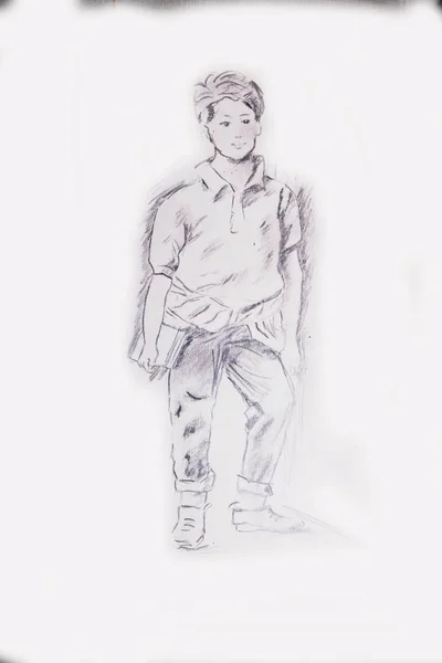 Hand Drawn Pencil Drawing Young Student Boy Standing Next Wall — Stock Photo, Image