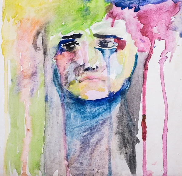 Ongelukkig Weinig Verdrietig Kind Portret Abstract Aquarel Schilderij Kleurrijke — Stockfoto