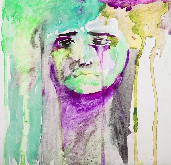 Inggris Unhappy Little Sad Kid Portrait Abstract Watercolor Painting Colorful — Stok Foto