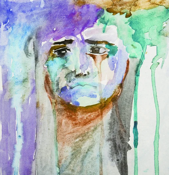 Unhappy Little Sad Kid Portrait Abstract Watercolor Painting Colorful — Stock Photo, Image