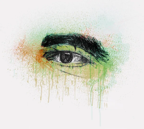 手描きゲジゲジ眉 鉛筆スケッチと水の色と老人の人間の目 — ストック写真