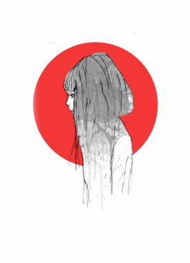 El güzel kız profil görünümü portre - kalem kroki bir Anime kız arka plan üzerinde kırmızı daire ile çekilmiş.