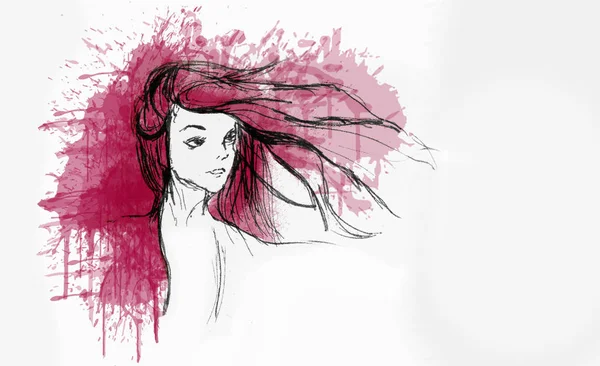 Hand Drawn Beautiful Girl Portrait Hair Flying Wind Water Color — Stock Photo, Image
