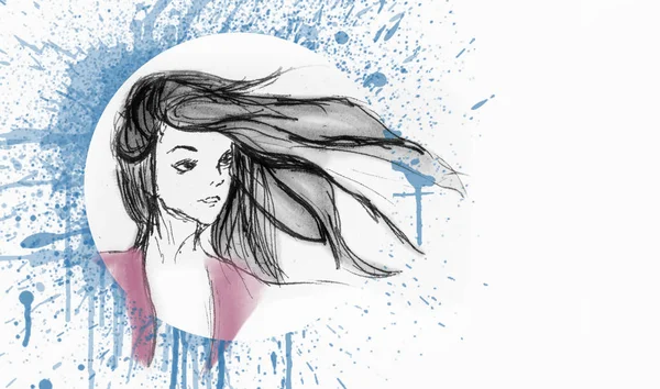 Hand Getekende Beautiful Girl Portrait Haar Flying Wind Water Kleur — Stockfoto