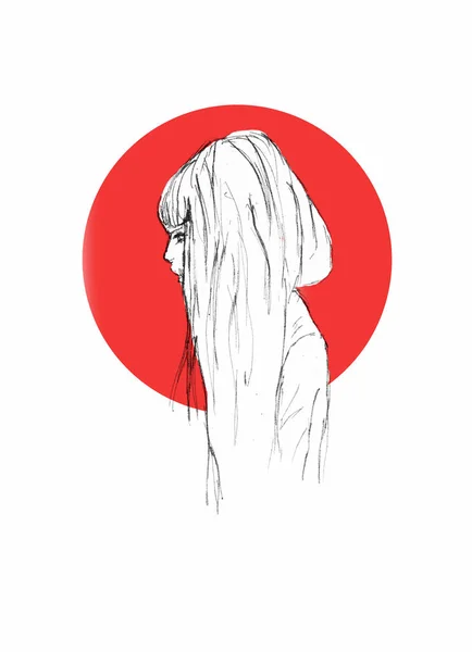 手描きの美しい少女の肖像画の背景上に赤い丸のアニメの女の子の鉛筆画 — ストック写真