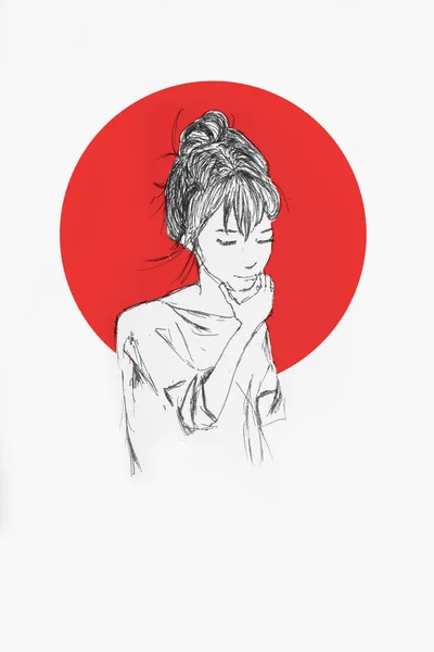 手描きの美しい少女の肖像画の背景上に赤い丸のアニメの女の子の鉛筆画 — ストック写真