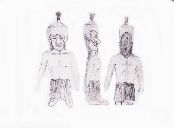 来自三个侧面的小人物铅笔素描建模 在白色的背地上 — 图库照片