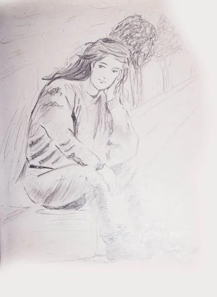 登山道に座っている若い女の子のスケッチを鉛筆やバック グラウンドで待っている — ストック写真