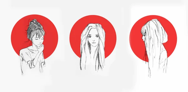 Náčrt Tužkou Různé Anime Dívky Červený Kruh Nimi Pozadí — Stock fotografie