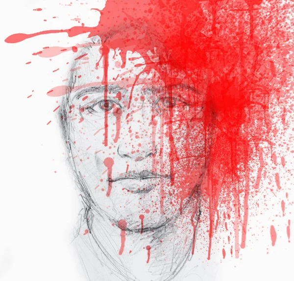 Dibujo Mano Retrato Hombre Joven Con Una Mancha Sangre Roja —  Fotos de Stock