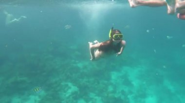Phi Phi Adası 'nın güzel, berrak suyunda horlayan ve yüzen güzel kız, In Koh Phi Phi, Tayland 22 / 11 / 2019