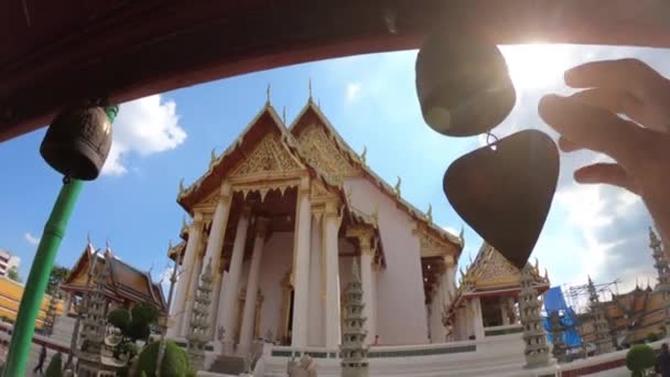 Bell Hanging Sun Light Ancient Architecture Wat Suthat Thepwararam Buddhist — стоковое видео