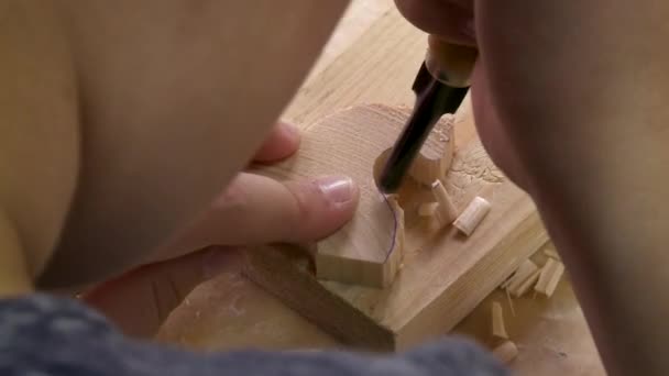 Крупный план женских рук с маникюром, жаждущим из дерева инструментом. — стоковое видео