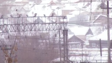 Elektrik hatları, kışın sallanan dalların ve evlerin arka planına karşı. Bakış açısı.