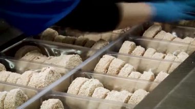 Pirzola üretimi. Üretilmiş yarı bitmiş ürünler. Taşıyıcı üzerinde çalış. Et Paketleme.