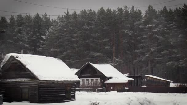 Case in legno intagliato russo nella neve. Villaggio nel bosco in inverno. — Video Stock