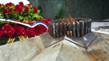 Kırmızı çiçeklerin arka planındaki sonsuz alevin anıtına yakından bak..