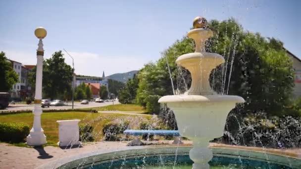 Close up of the street flowing fountain surrounded by trees in a sunny day. — Stock video