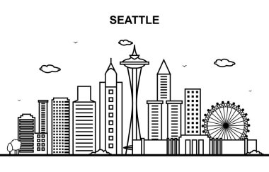 Seattle şehir Tur Cityscape manzarası satır anahat illüstrasyon