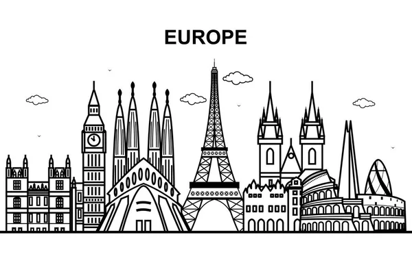 ヨーロッパ ツアー都市景観のスカイライン線概要図の都市 — ストックベクタ