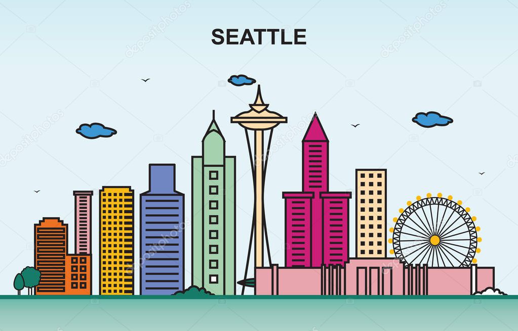 Seattle City Tour Cityscape Skyline Colorful Illustration
