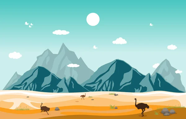 Montañas Colinas Desierto Estepa Avestruz Paisaje Cielo — Vector de stock