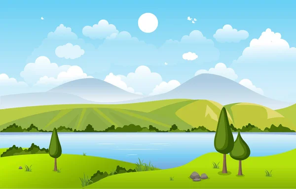 Mountains Hills Lake Green Nature Landscape Sky — Stock Vector