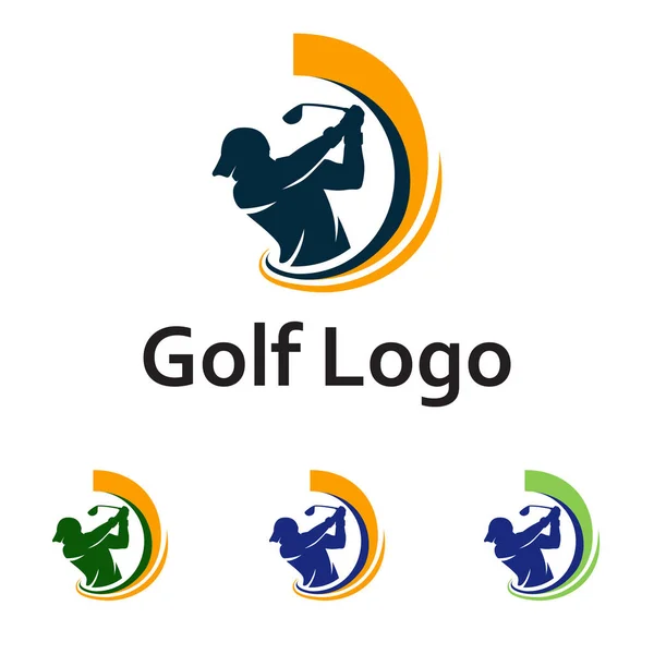 Golf Logo Golfista Swing Golpear Pelota — Vector de stock