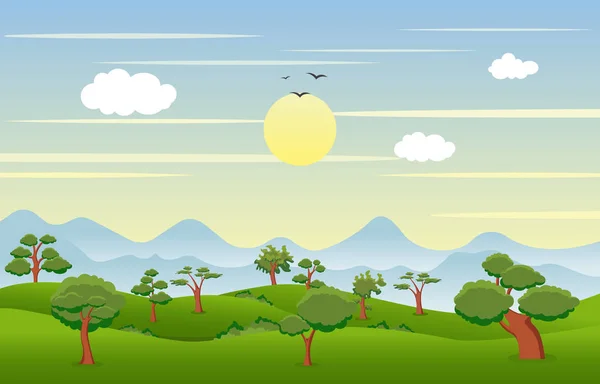 Горные Холмы Зеленый Грасс Tree Природный Ландшафт Небо — стоковый вектор