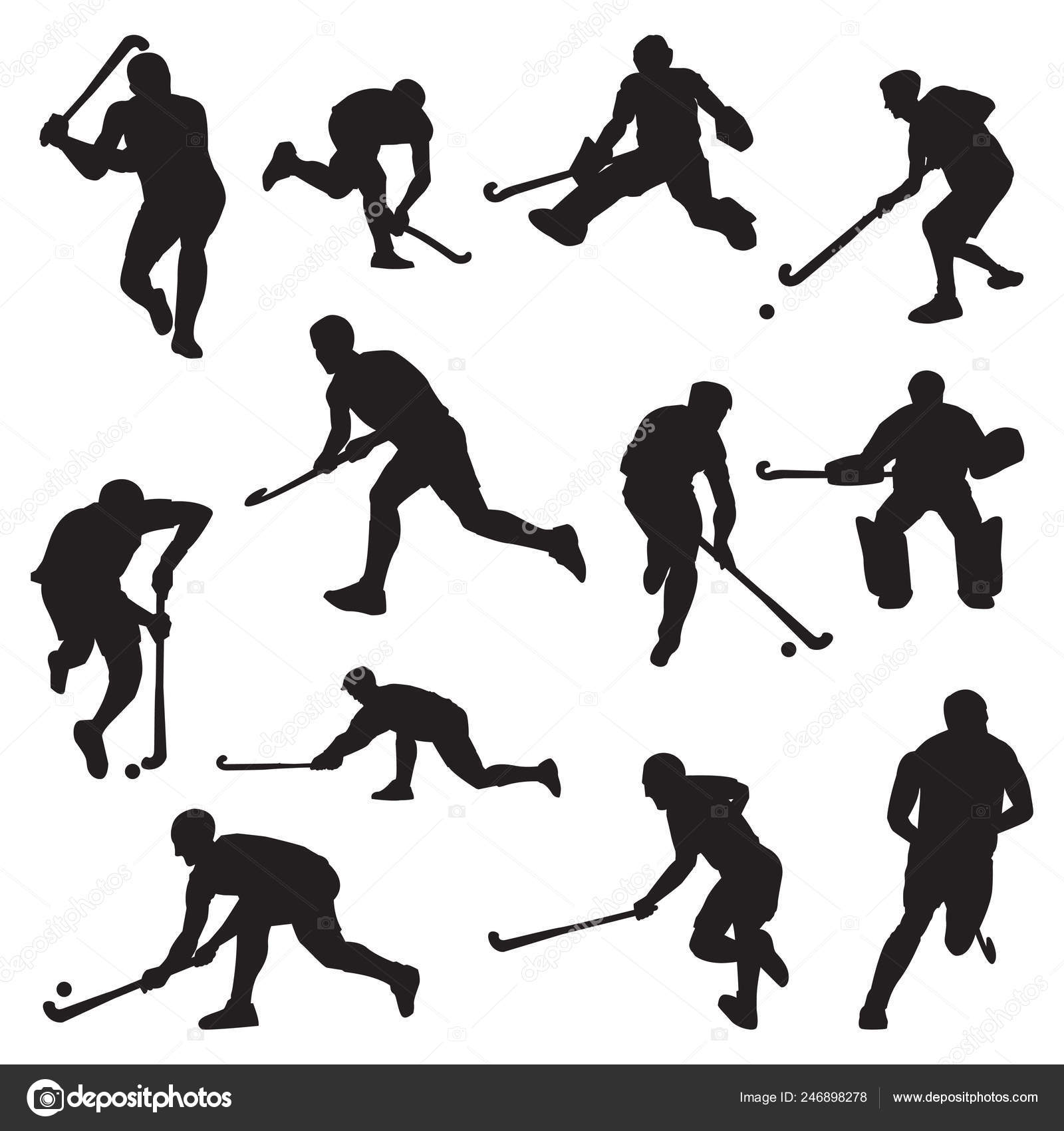 Hockey Field Grass Athlete Silhouette Set Stock Vector by