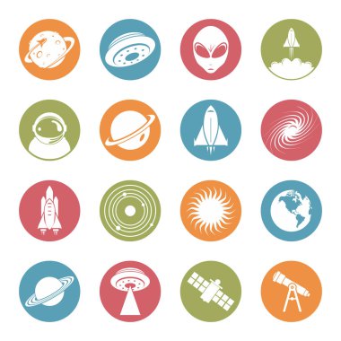 Uzay - Havacılık ve uzay teknolojisi daire renkli düz simgesi