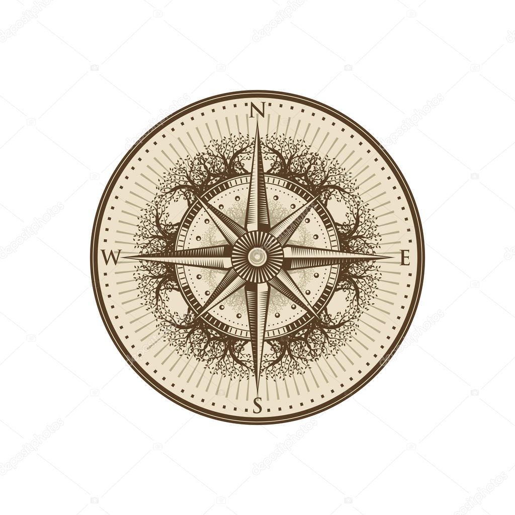 Wind Rose Compass in Retro Vintage Floral Tree