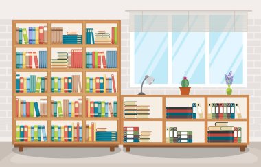 Library Room Interior Stack of Book on Bookshelf Flat Design clipart