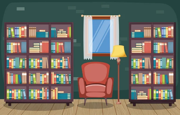Library Room Interior Stack of Book on Bookshelf Flat Design — Stock Vector