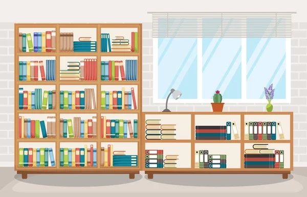 Kütüphane oda iç yığın kitap kitaplık düz tasarımı