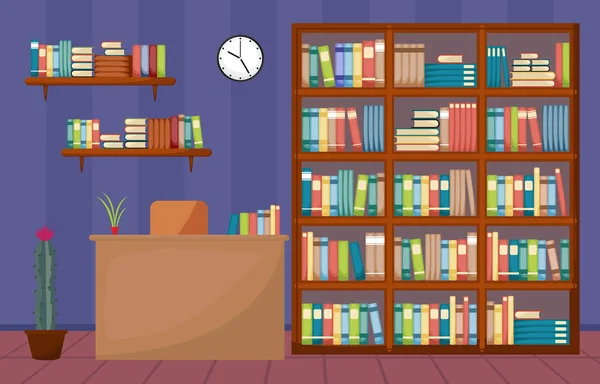 Bibliothek Raum Innenraum Stapel von Buch auf Bücherregal flache Gestaltung — Stockvektor