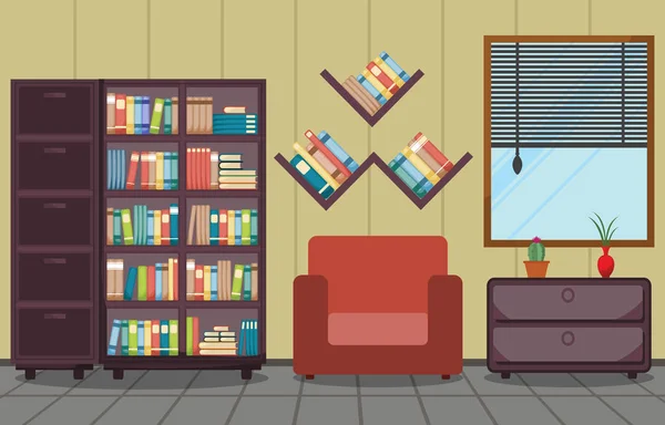 Knihovna místnost vnitřní zásobník knihy na polici plochý Design — Stockový vektor