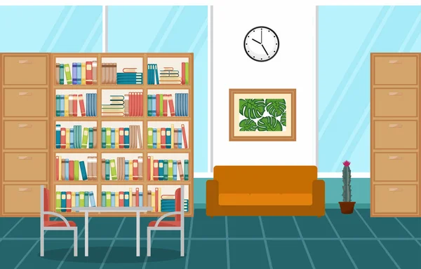 Biblioteca Pública Interior Pila de libro en librería Diseño plano — Vector de stock