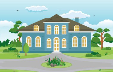 Güzel Modern ev dış cephe Yard konut illüstrasyon