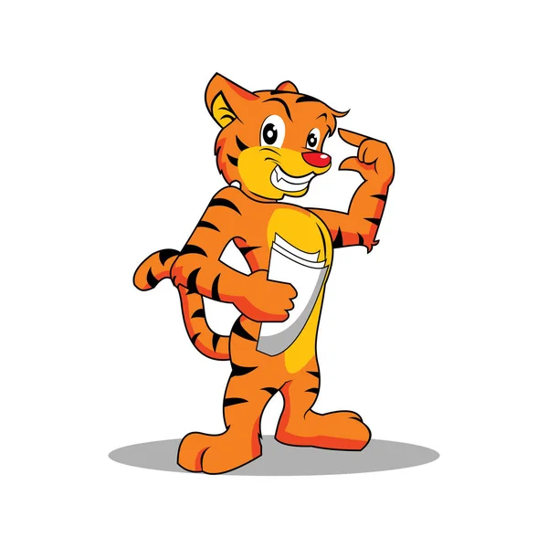 Chytrý tygr drží papír kreslený obrázek maskota — Stockový vektor
