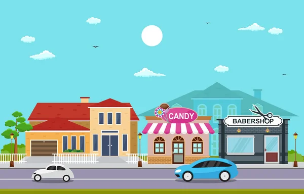Magasinez Paysage des petites entreprises en ville Urbain avec ciel d'arbre Illustration — Image vectorielle